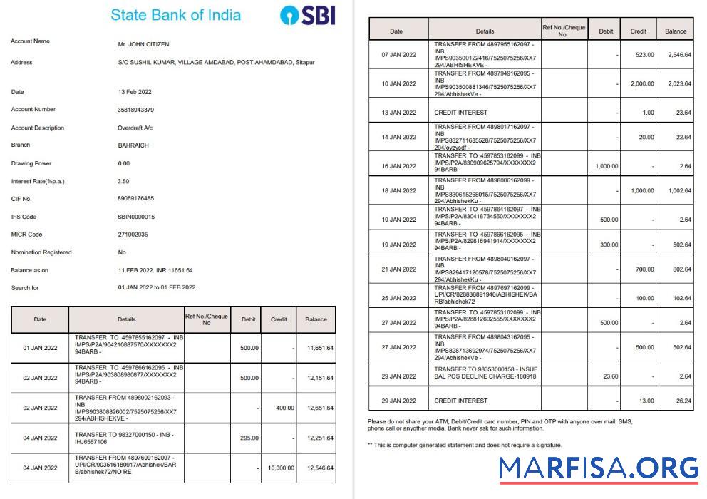 Blank India State Bank of India (SBI) bank statement 2 pages template